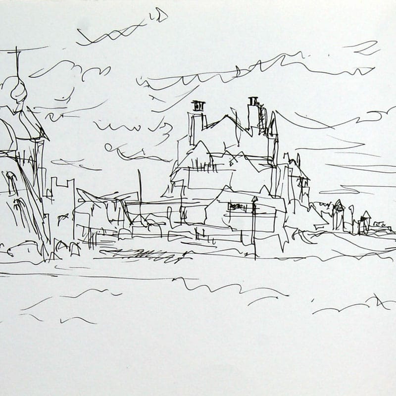 Aldeburgh beach panorama in ink