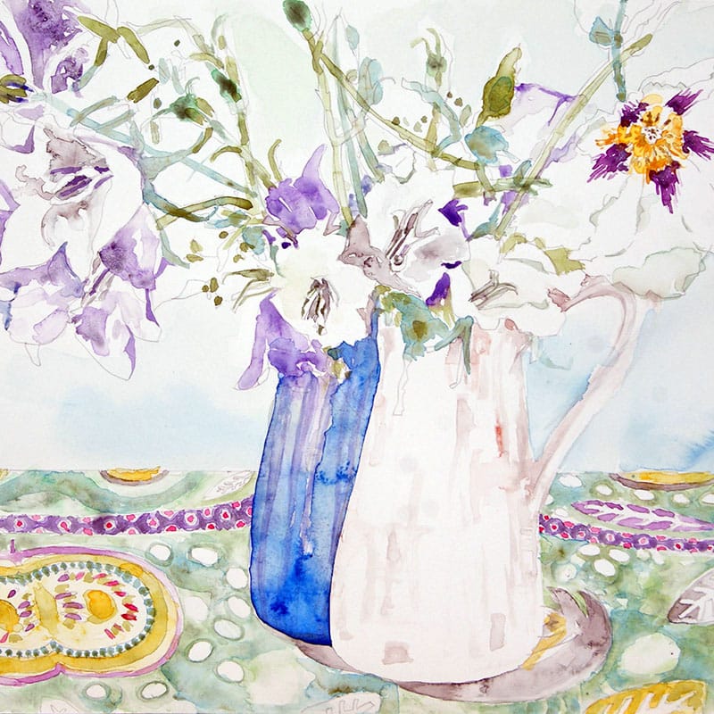 Flowers in blue and white jugs