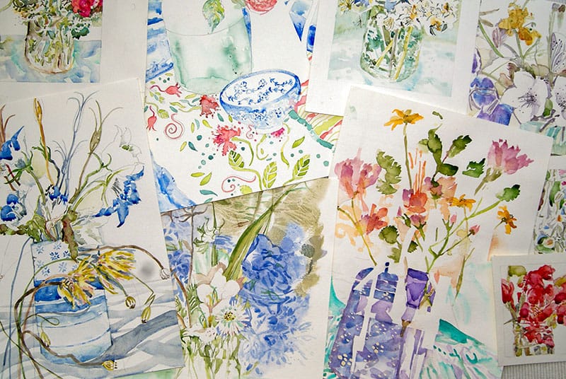 A selection of watercolour flower paintings by Mary