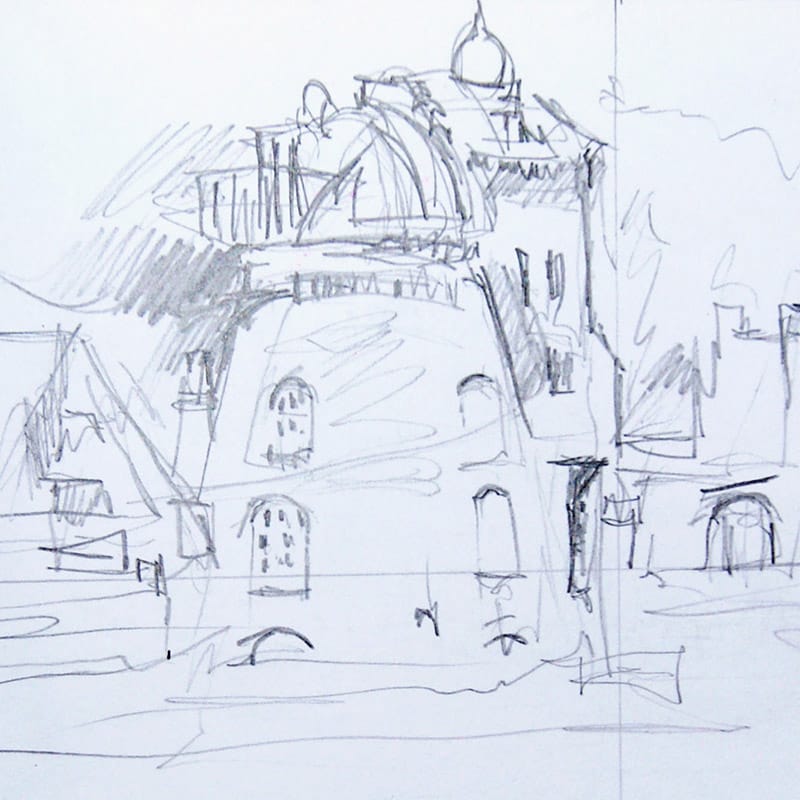 Pencil drawing of buildings on Aldeburgh beach