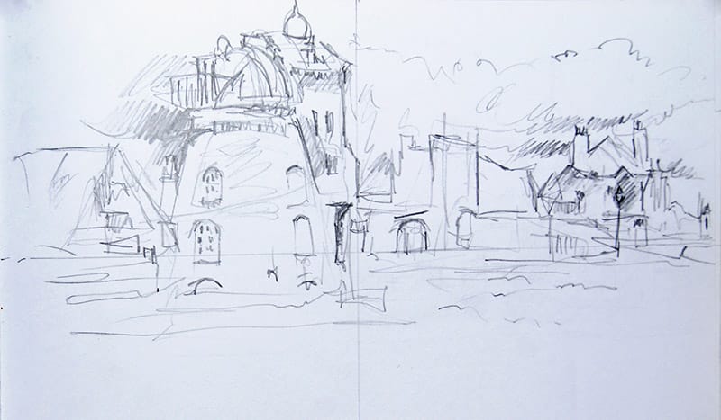 Pencil drawing of buildings on Aldeburgh beach