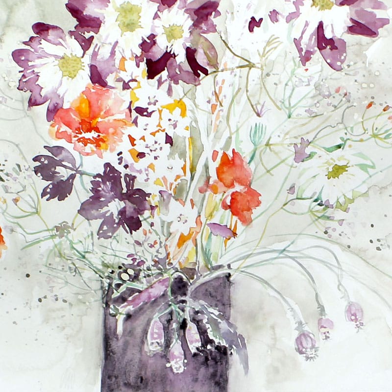 Watercolour painting of pink and orange flowers in a vase