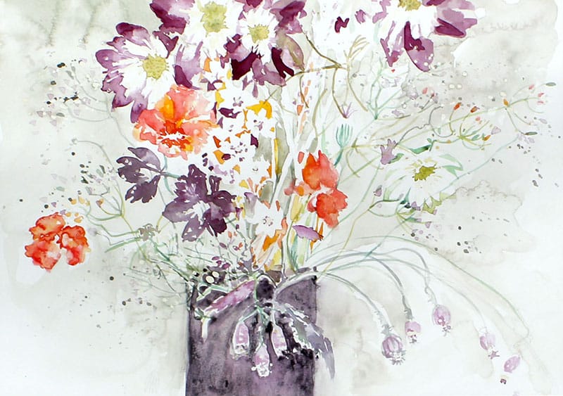 Watercolour painting of pink and orange flowers in a vase