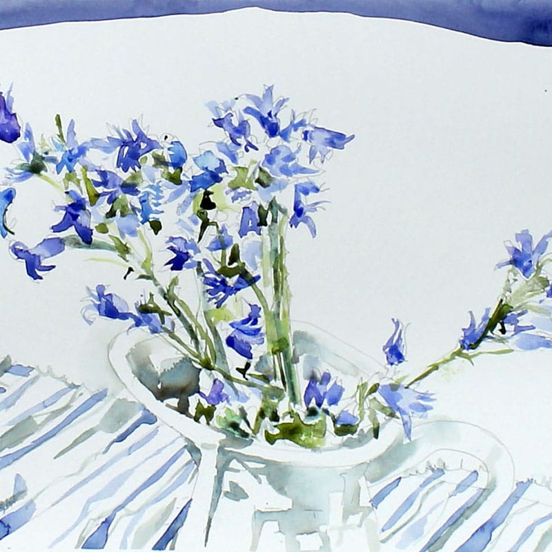 Watercolour painting of bluebell flowers in a white jug