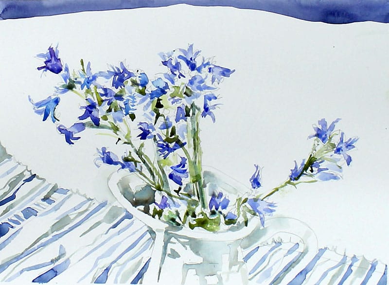 Watercolour painting of bluebell flowers in a white jug