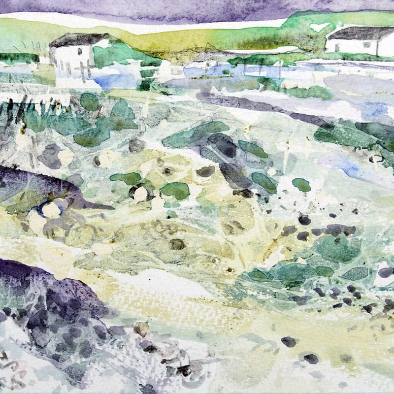 Watercolour painting of huts in a landscape