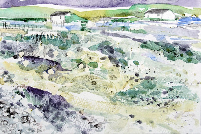 Watercolour painting of huts in a landscape