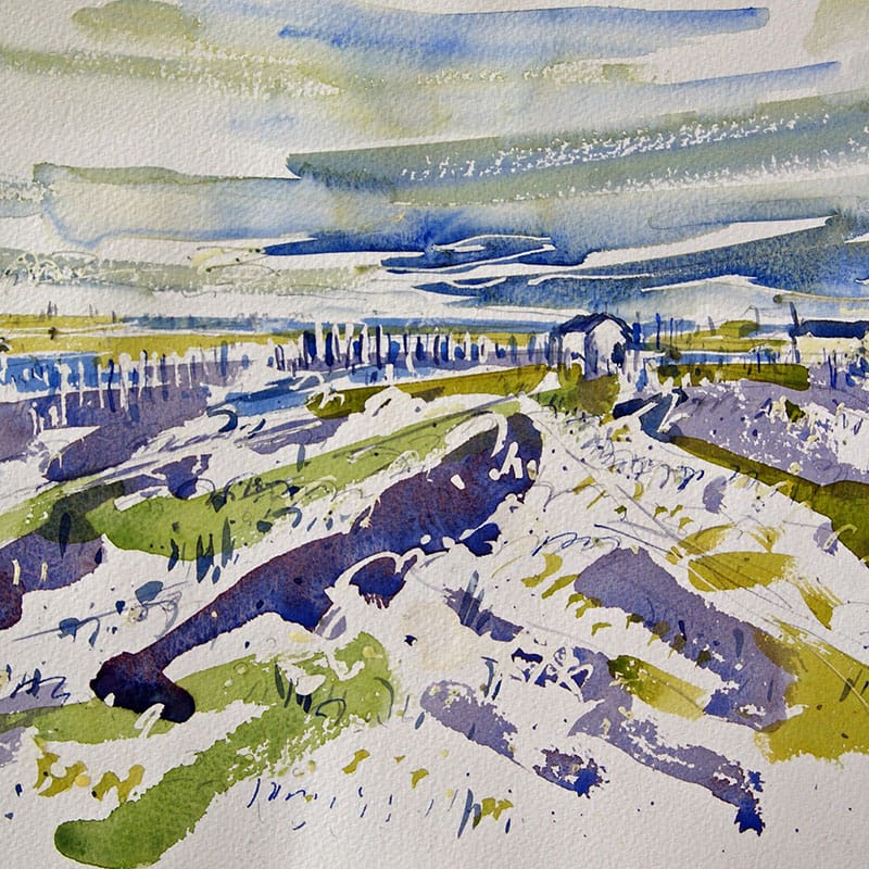 Watercolour painting of Walberswick with huts in the distance