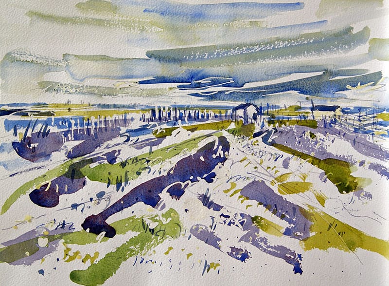 Watercolour painting of Walberswick with huts in the distance