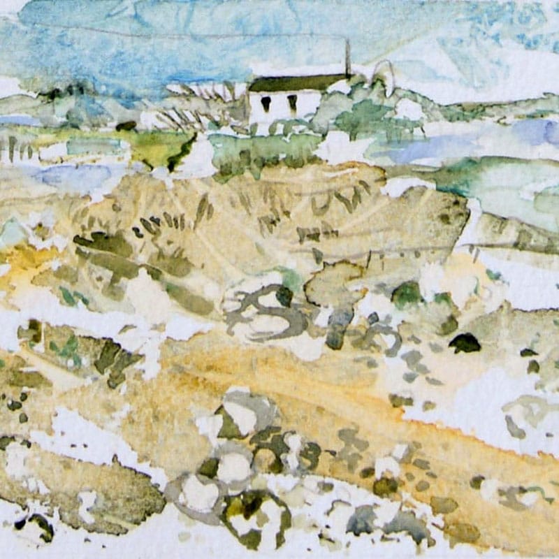 Watercolour painting of a distant hut