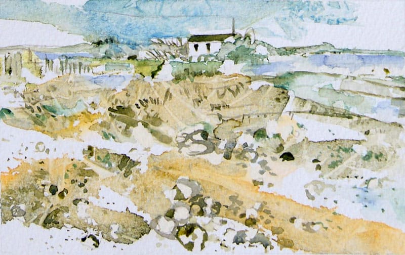 Watercolour painting of a distant hut