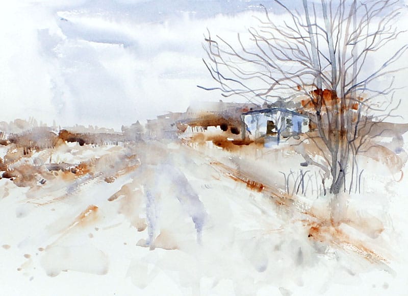 Watercolour painting of a lodge cottage