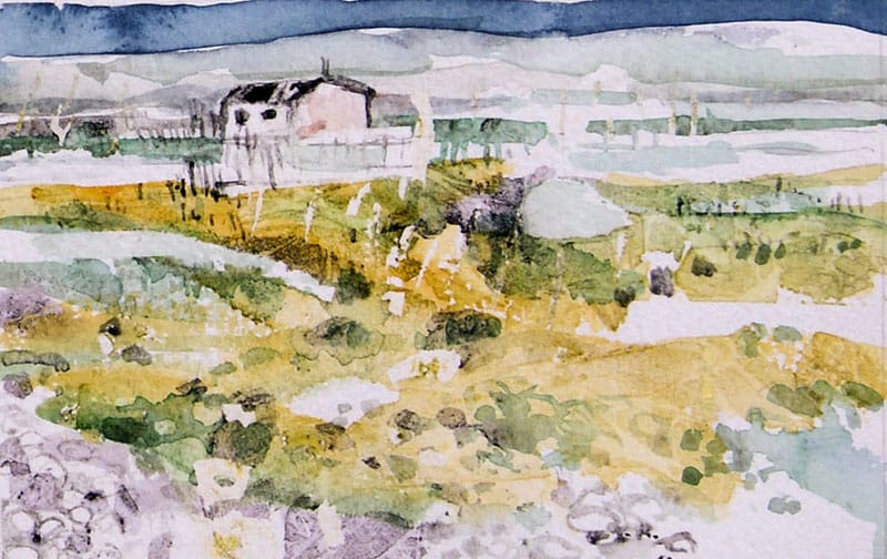 Watercolour painting of Walberswick huts