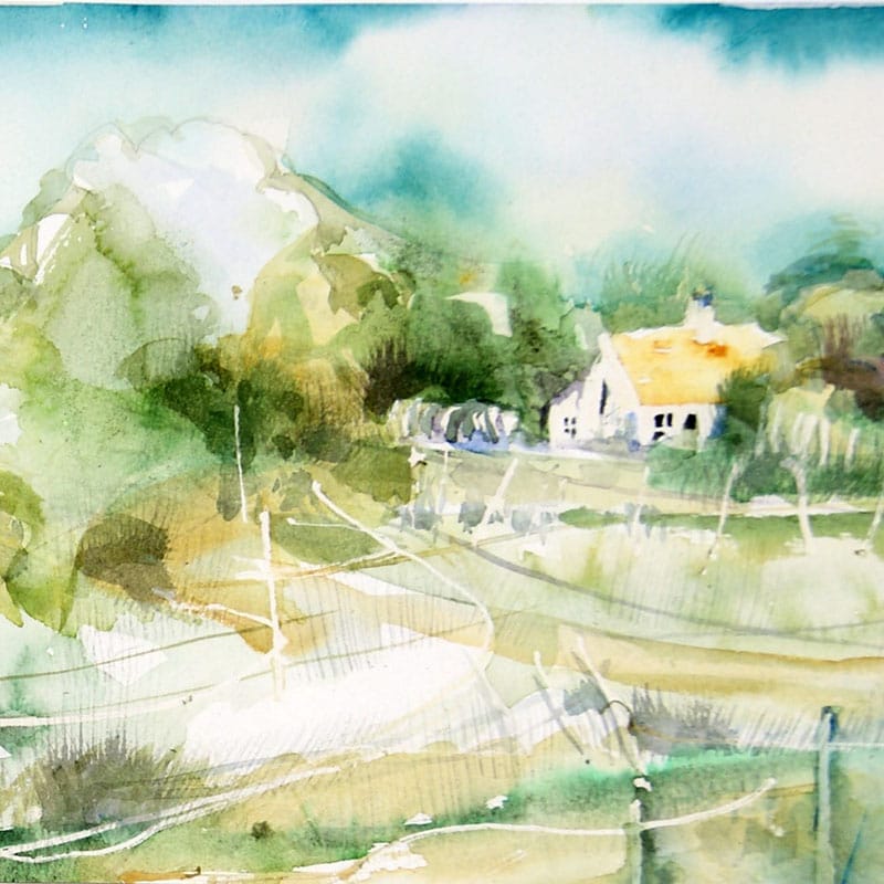 Watercolour painting of a cottage near the woods