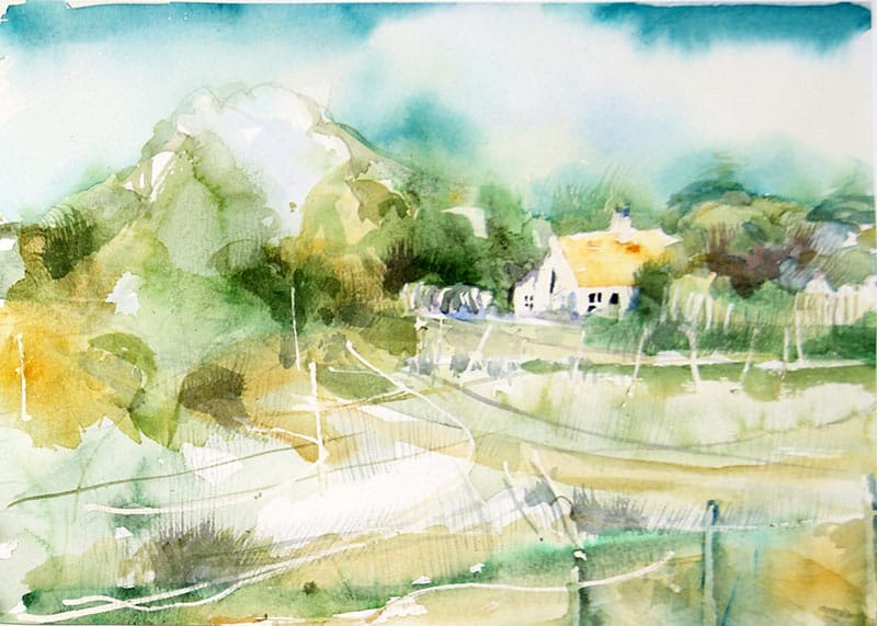 Watercolour painting of a cottage near the woods