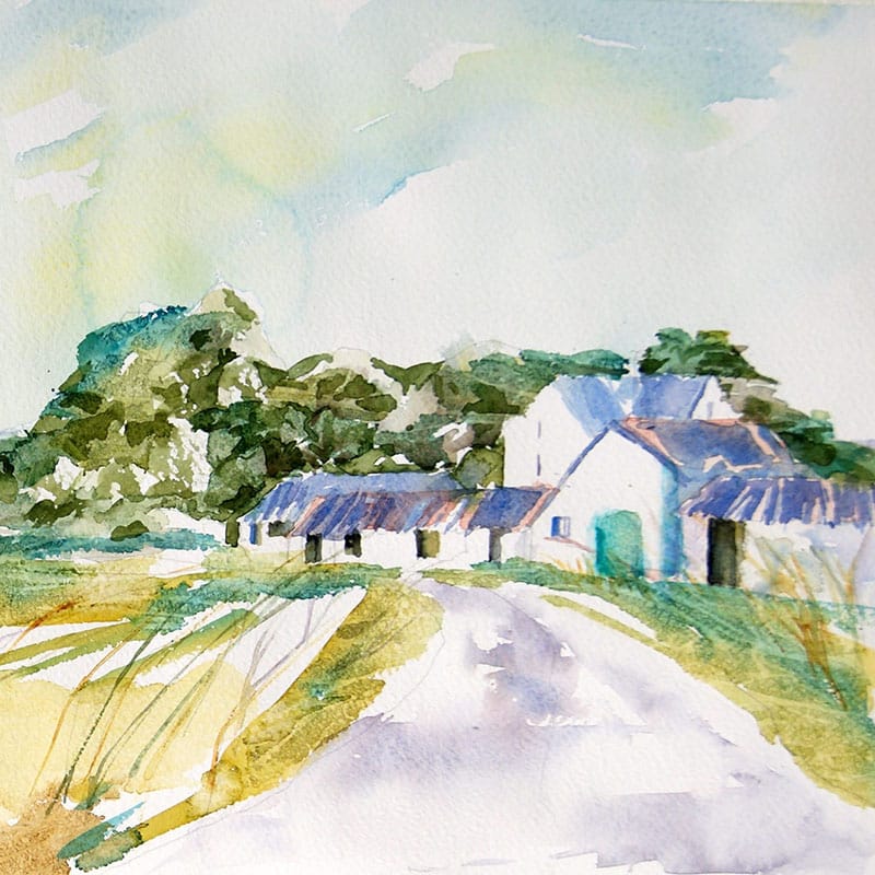 Watercolour painting of dairy farm buildings
