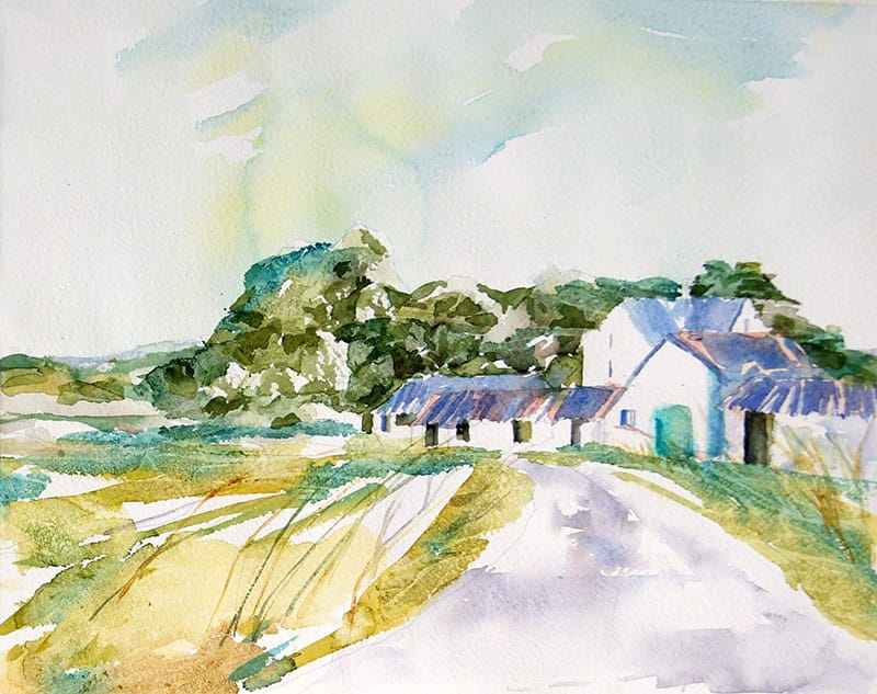 Watercolour painting of dairy farm buildings