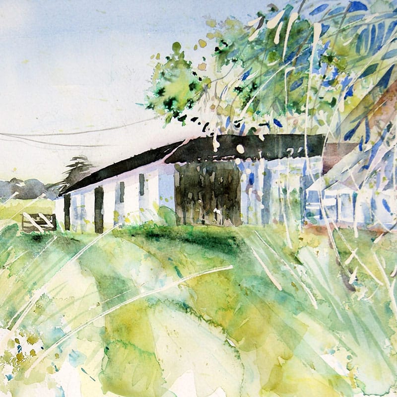 Watercolour painting of a dairy farm