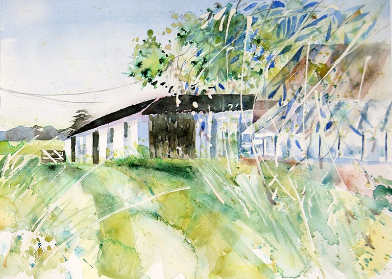 Watercolour painting of a dairy farm