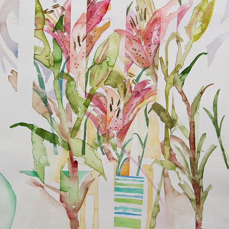 Watercolour painting of pink lilies