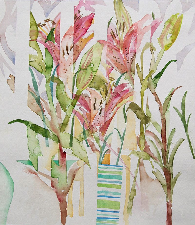 Watercolour painting of pink lilies