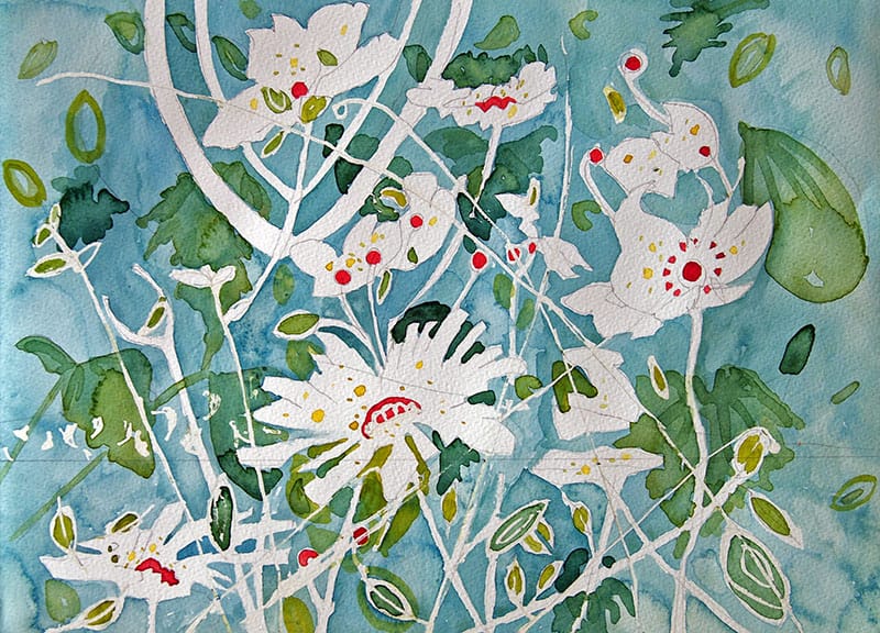 Watercolour painting of dancing leaves