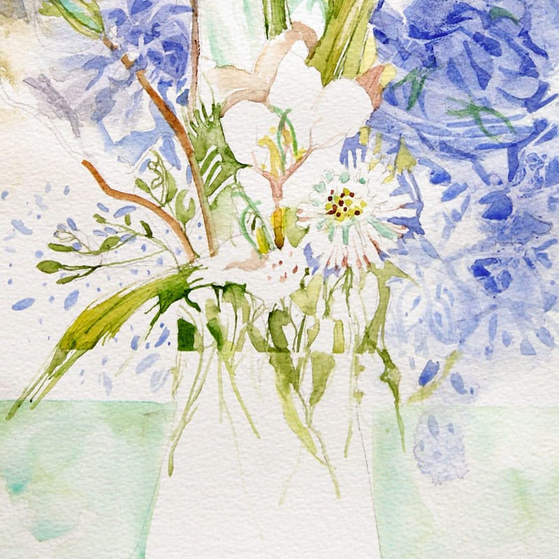 Watercolour painting of white harebell flowers
