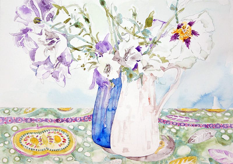 Watercolour painting of flowers in blue and white jugs