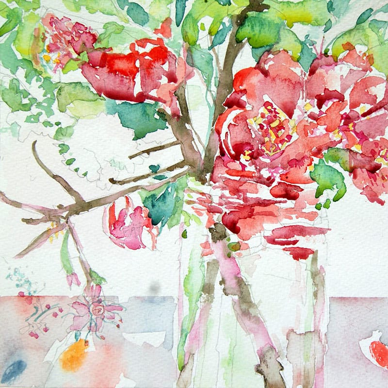 Watercolour painting of japonica flowers in a jar
