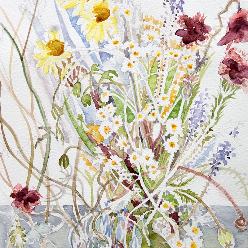 Watercolour painting of wild flowers in a vase
