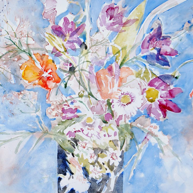 Watercolour painting of cosmos flowers in a vase
