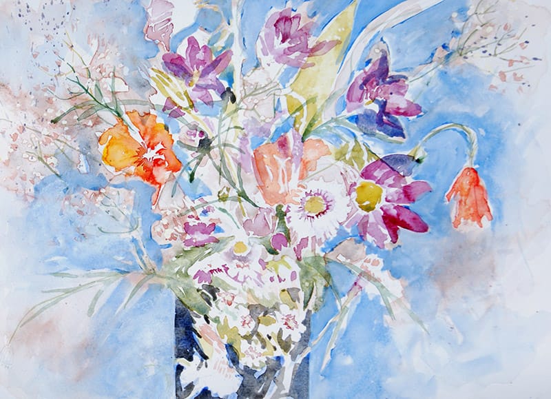 Watercolour painting of cosmos flowers in a vase