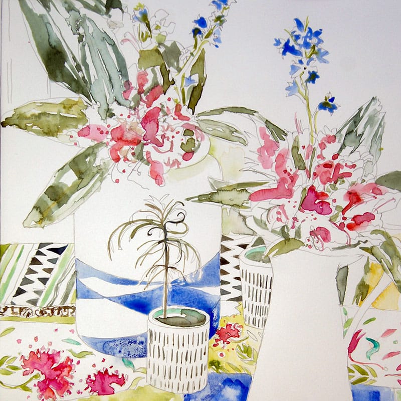 Watercolour painting of bluebells and rhododendrons