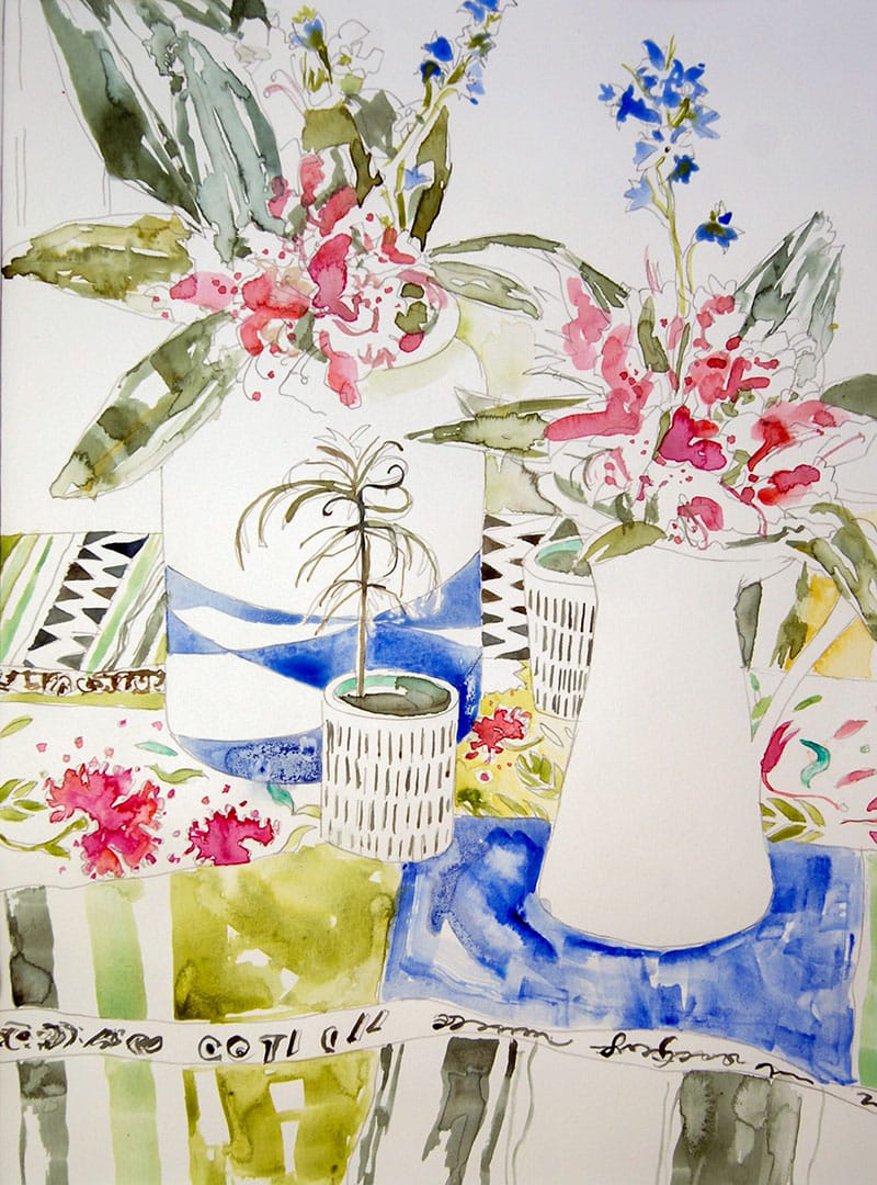 Watercolour painting of bluebells and rhododendrons