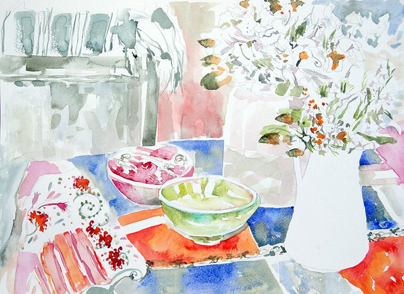 Watercolour painting of bowls