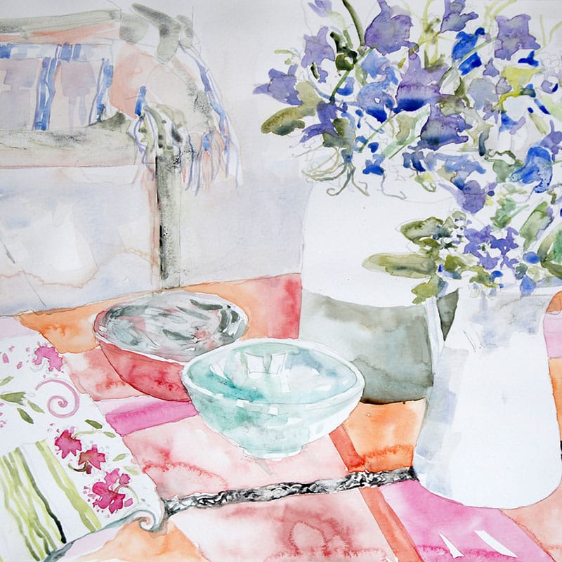 Watercolour painting of harebell flowers