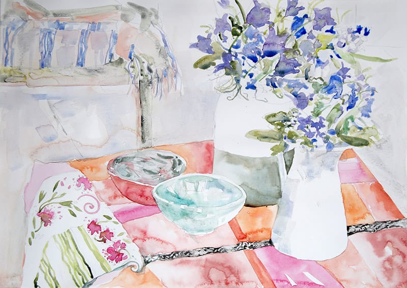 Watercolour painting of harebell flowers