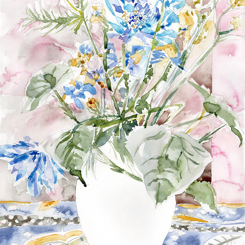 Watercolour painting of a still life with a white pot