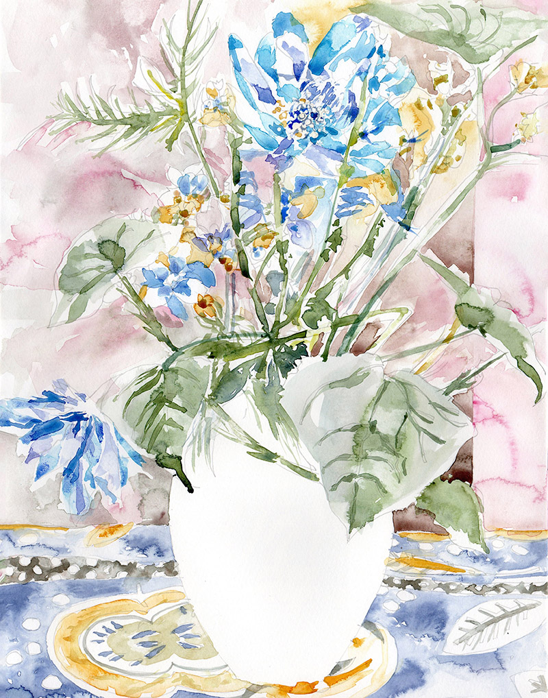 Watercolour painting of a still life with a white pot