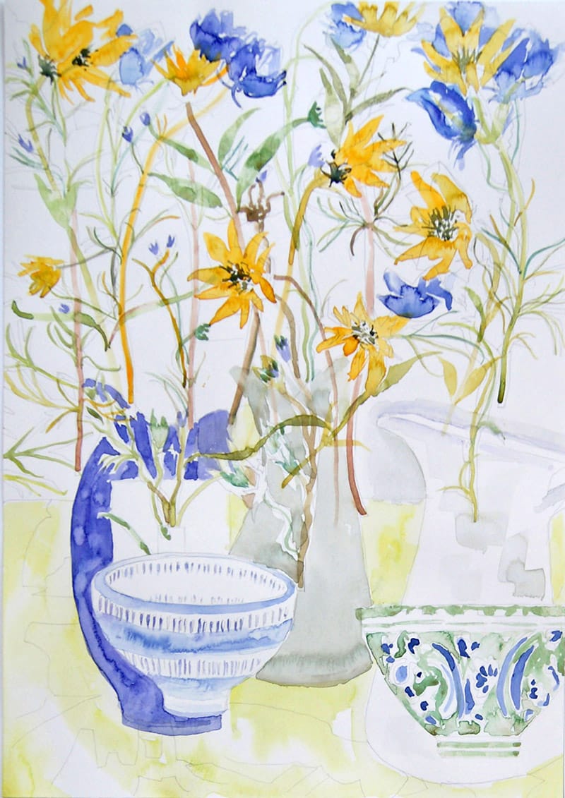 Watercolour painting of yellow flowers and blue pots