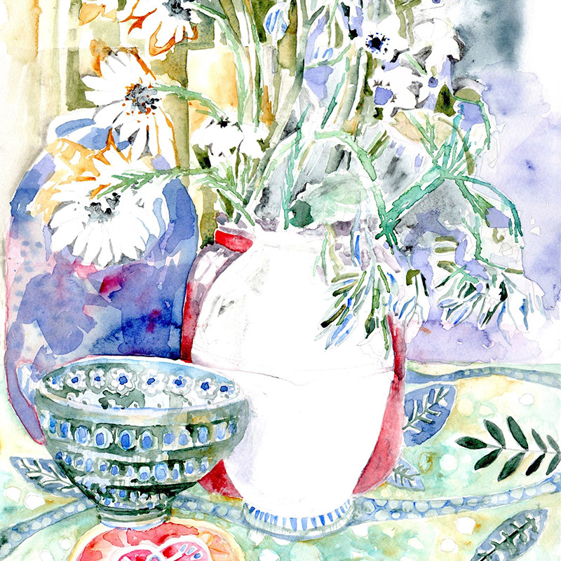 Watercolour painting of blue and white pots