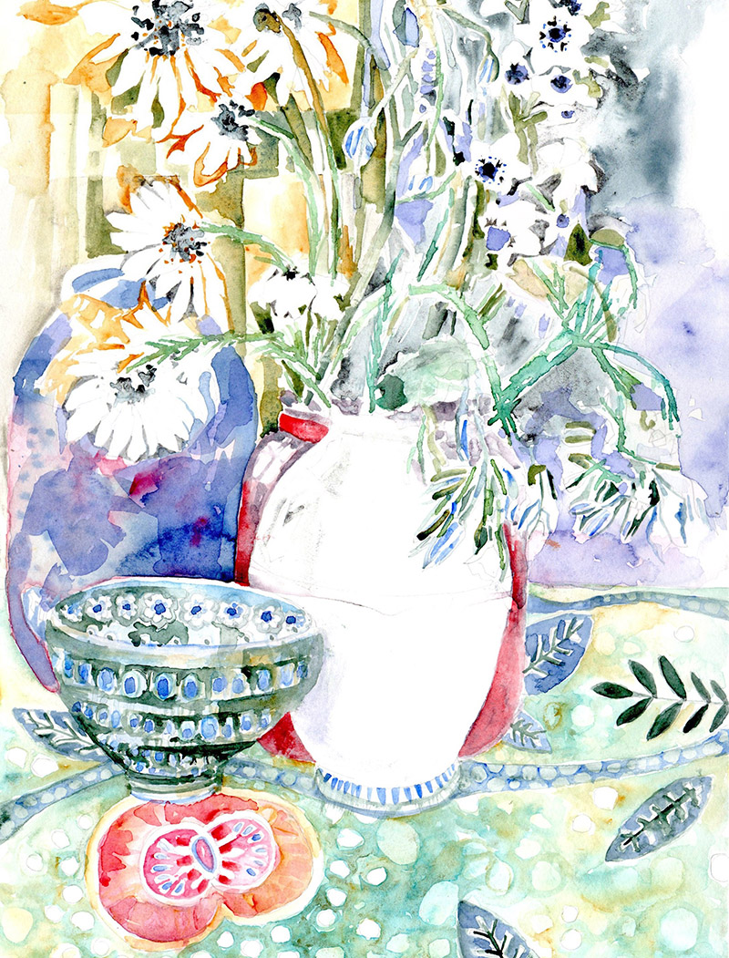Watercolour painting of blue and white pots