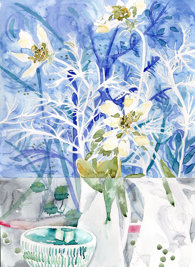 Watercolour painting of frost in winter