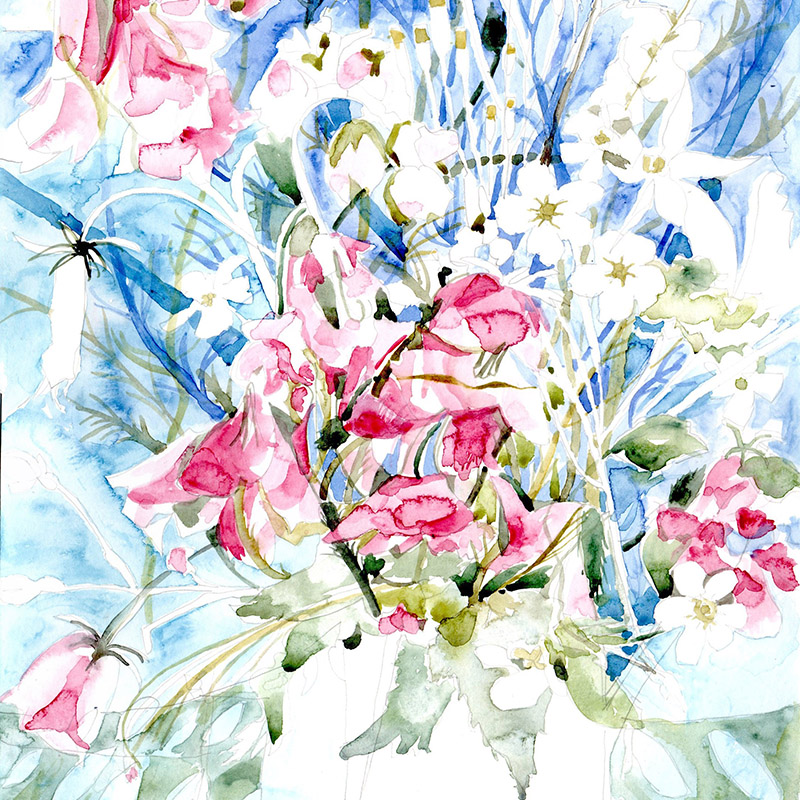 Watercolour painting of garden flowers