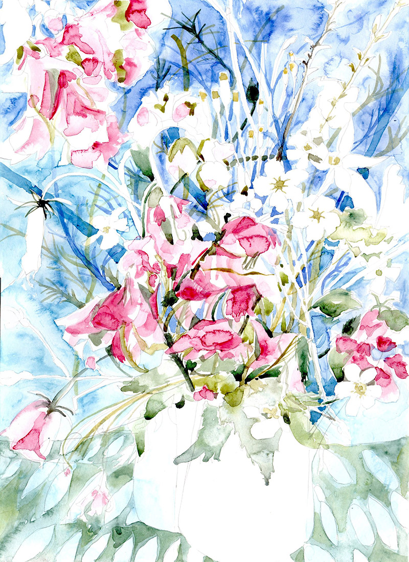 Watercolour painting of garden flowers