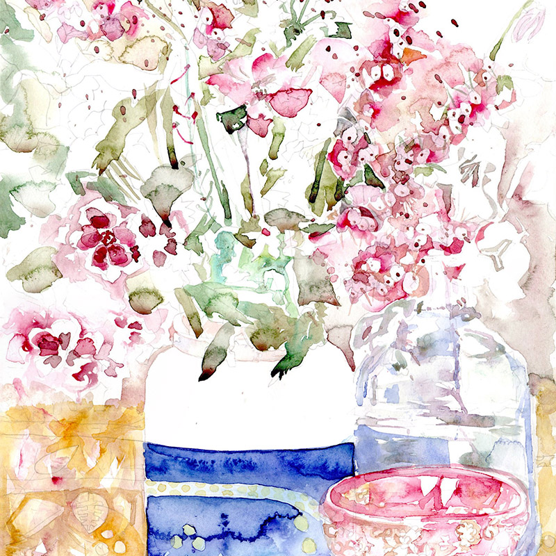 Watercolour painting of pink flowers