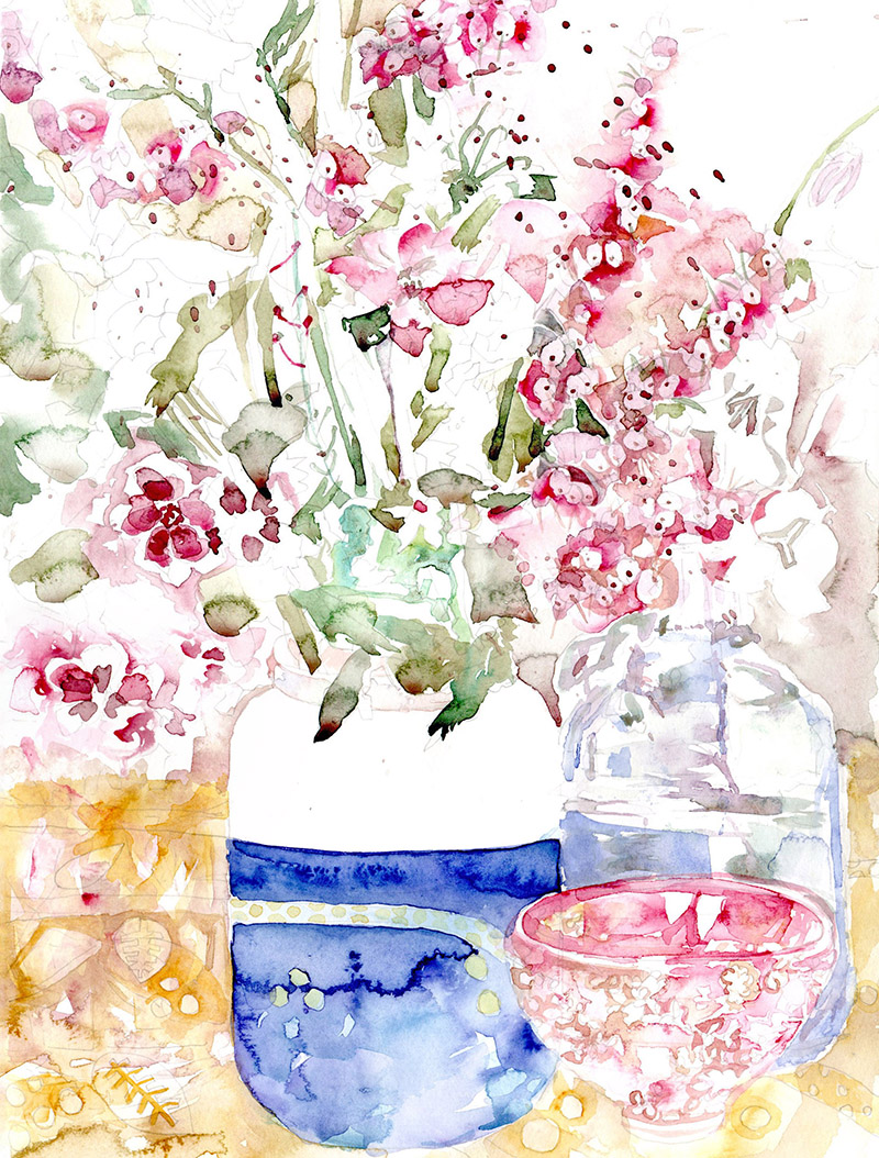 Watercolour painting of pink flowers
