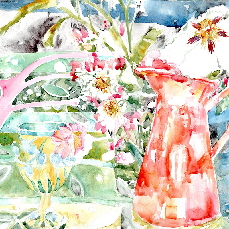 Watercolour painting of a red jug and flowers