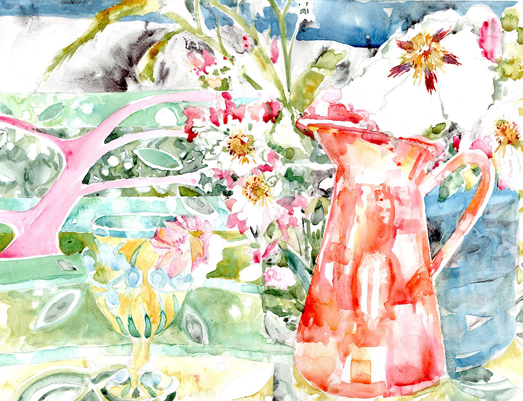 Watercolour painting of a red jug and flowers