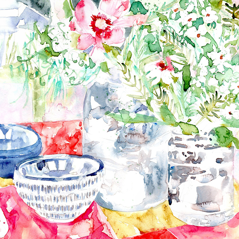 Watercolour painting of a still life with a red tablecloth